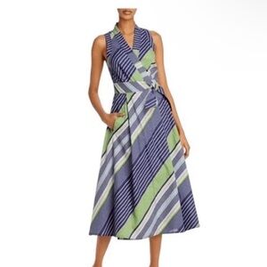 Tory Burch Overprinted Striped Blue and Green Women's wrap dress size 14